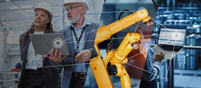 Collage of three images showing professionals improving OT security, robotic arms and cybersecurity employee monitoring OT assets